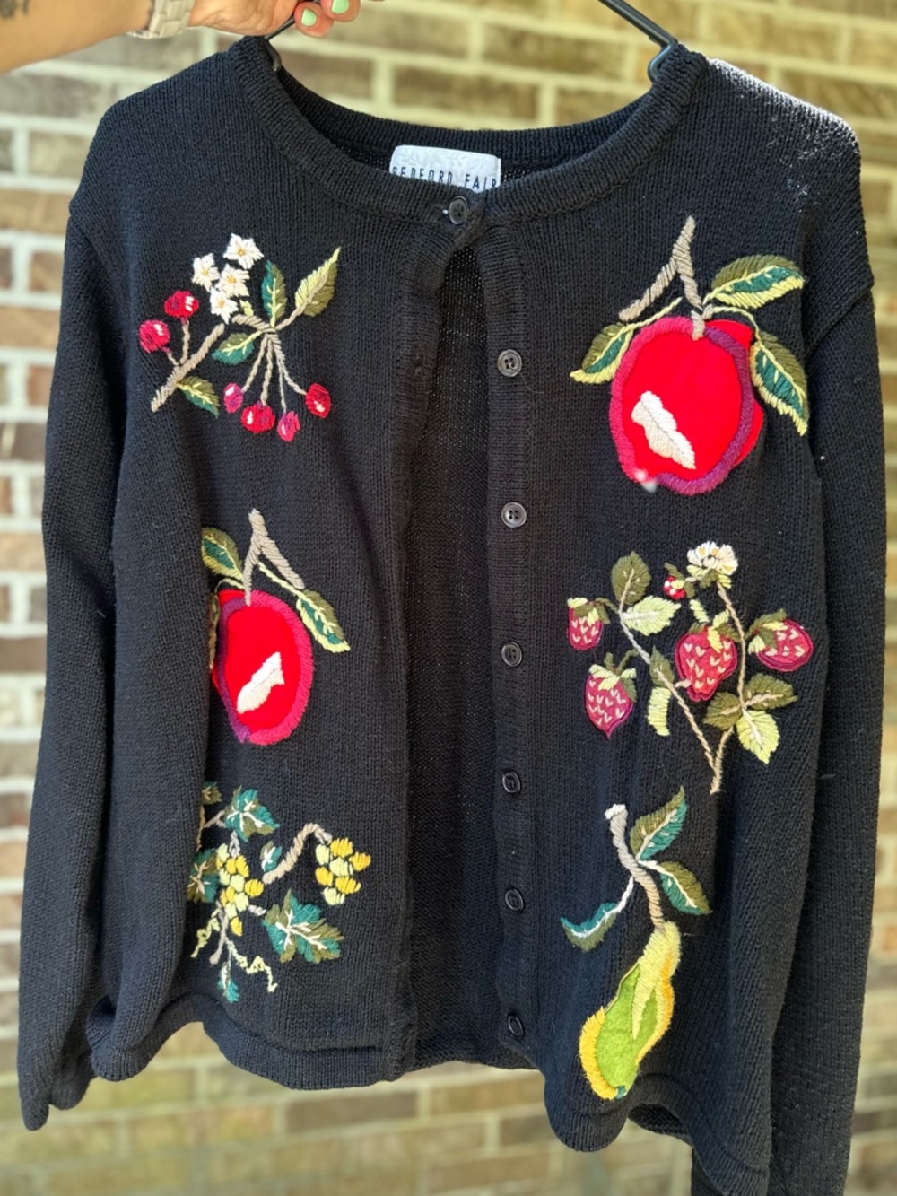 Ladies Vintage Embroidered Black Floral & Fruit Cardigan Sweater